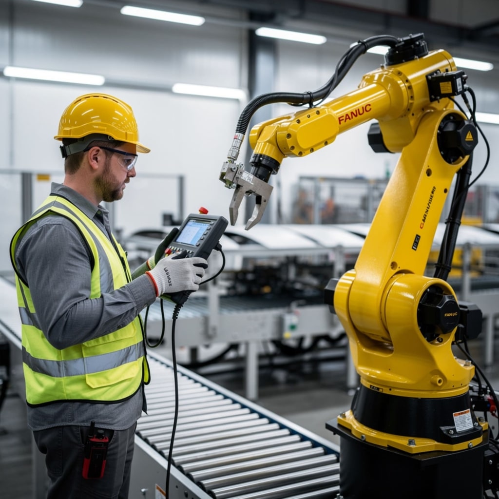 Worker in a yellow hard hat and high-visibility vest operates a yellow FANUC industrial robot arm on a production line.