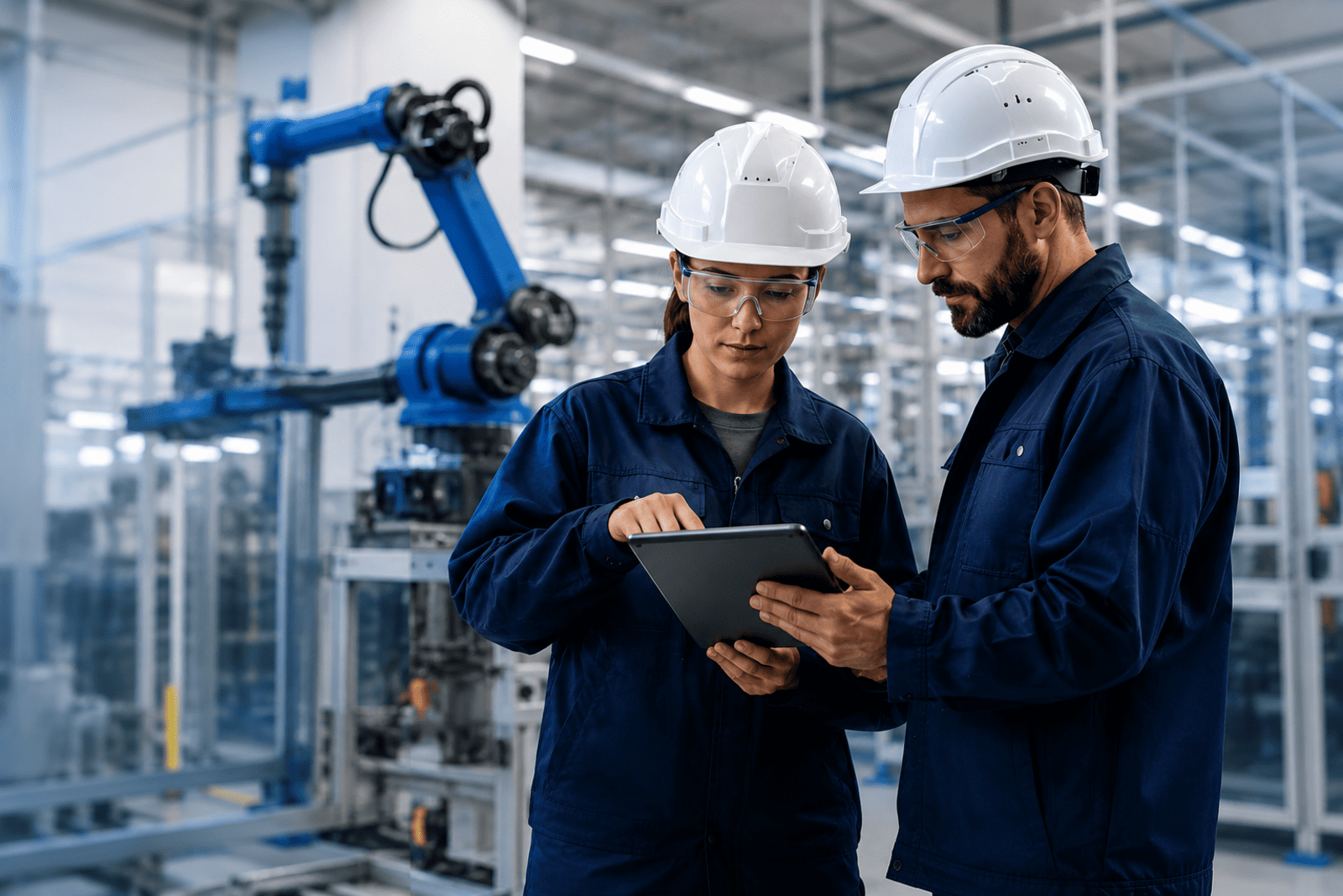 Two factory workers in hard hats and safety glasses review data on a tablet in a high-tech manufacturing facility with a robotic arm in the background.