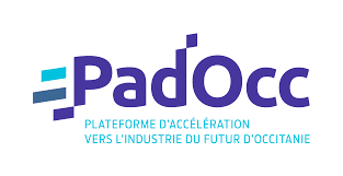 PadOcc logo with teal stripes and blue text; subtitle reads 'Plateforme d'accélération vers l'industrie du futur d'Occitanie'.
