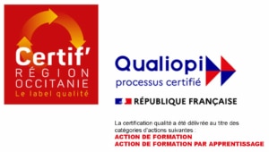 Certification logos: Certif’ Région Occitanie and Qualiopi with French Republic branding, plus text about quality training actions (formations) and apprenticeship.