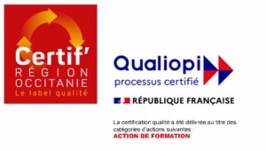 Logos de certification qualité: Certif' Région Occitanie et Qualiopi, avec texte sur la formation.
