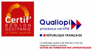 Certification logos: Certif' Région Occitanie and Qualiopi with French text about quality certification for apprenticeship training.