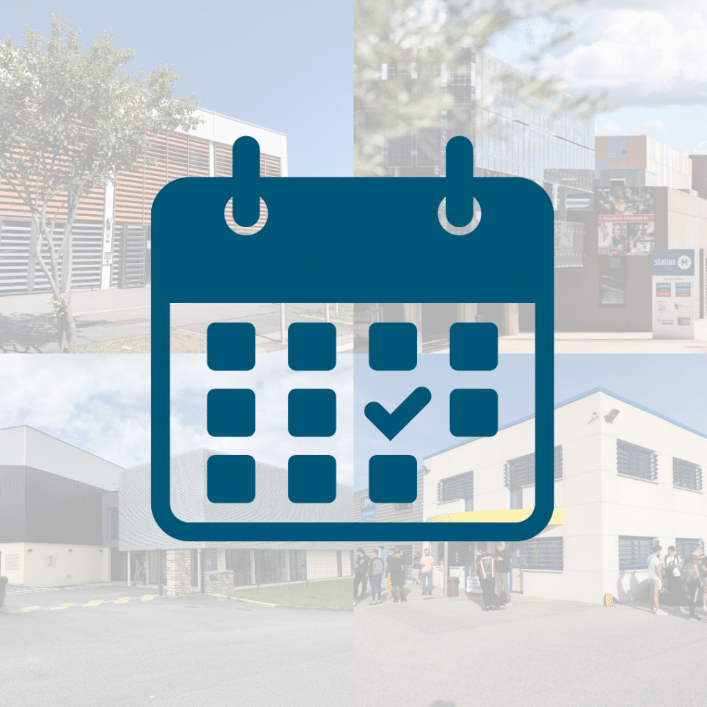 Blue calendar icon overlaying a college campus collage, indicating events or a schedule
