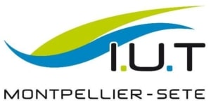 IUT Montpellier-Sète logo with lime green and blue swooshes above the I.U.T wordmark and Montpellier-Sète text.