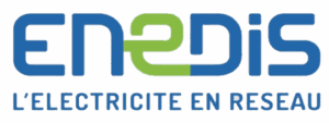 Enedis logo: blue-and-green wordmark 'ENEDIS' with the tagline "L'ÉLECTRICITÉ EN RÉSEAU".