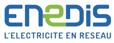 Enedis logo: blue-and-green wordmark 'ENEDIS' with the tagline "L'ÉLECTRICITÉ EN RÉSEAU".
